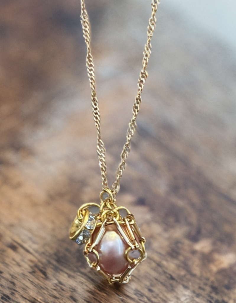 Large Edison Pearl Necklace in Handcrafted Gold Toned Cage with Crystal Accent