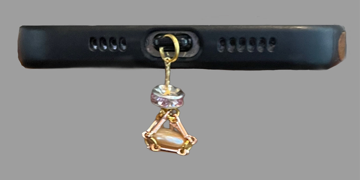 Petite Baroque Button Pearl USB Lightning Port Charm – Gold-Toned Bar Link Cage with Soft Pink Crystal Accent