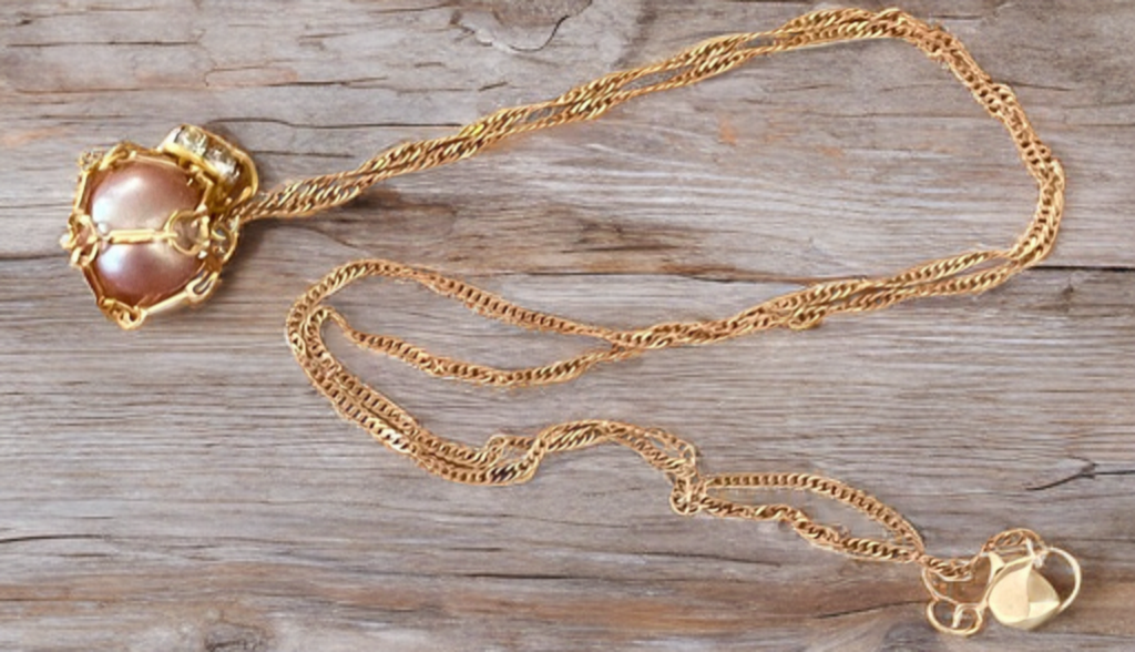 Large Edison Pearl Necklace in Handcrafted Gold Toned Cage with Crystal Accent