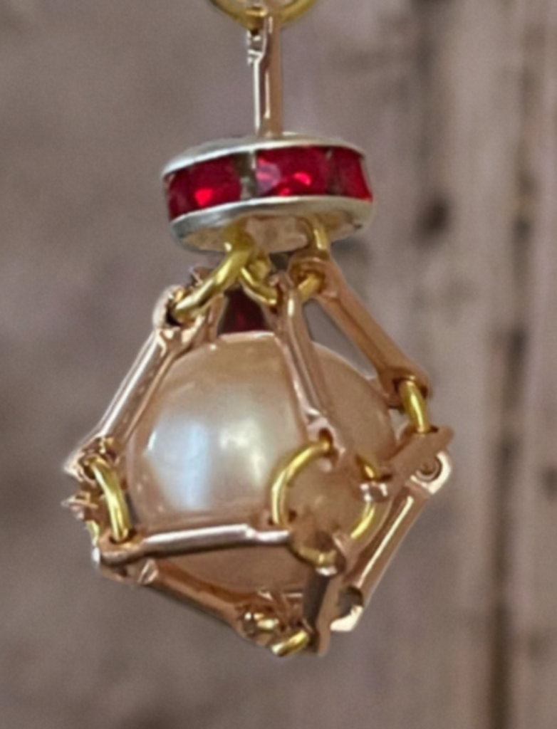 Edison Pearl Necklace in Handmade Brass Cage with Ruby Crystal Accents