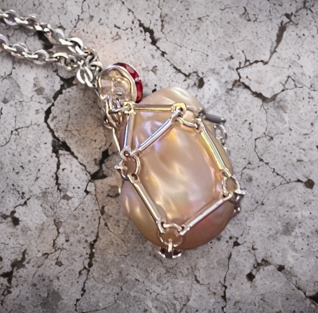 Elegant Baroque Pearl Necklace encased in Handcrafted silver toned bar link cage - One-of-a-Kind