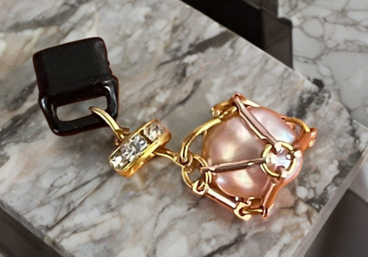 Petite Baroque Button Pearl USB-C Port Charm – Gold Toned Cage with Crystal Accents