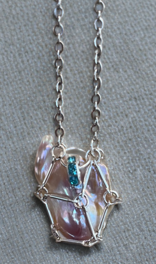 Baroque Pearl Necklace encased in handcrafted silver bar link cage - One-Of-A-Kind