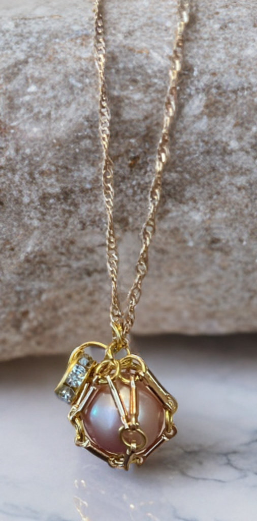 Large Edison Pearl Necklace in Handcrafted Gold Toned Cage with Crystal Accent