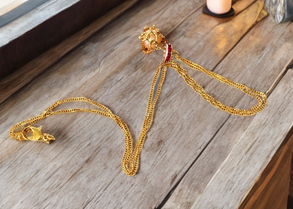 Petite Edison Pearl Necklace in Gold Toned Cage with Ruby Crystal Accent