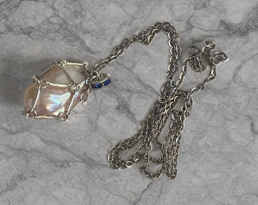 ✨ Baroque Pearl Cage Necklace with Sapphire-Blue Accents ✨