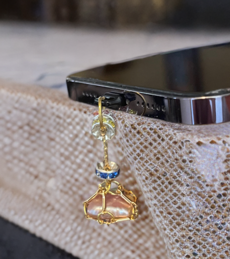Baroque Pearl USB Lightning Port Charm – Gold Toned Cage with Multicolor Crystals
