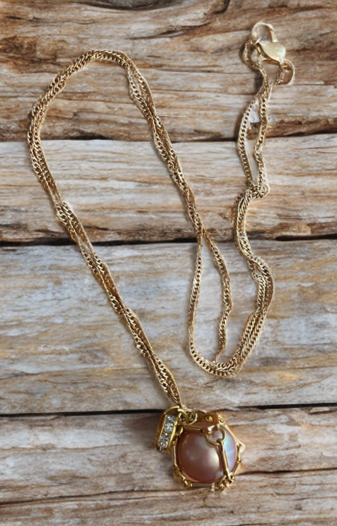 Large Edison Pearl Necklace in Handcrafted Gold Toned Cage with Crystal Accent