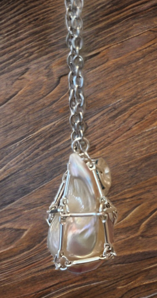 Baroque Pearl Necklace encased in handcrafted silver bar link cage - One-Of-A-Kind