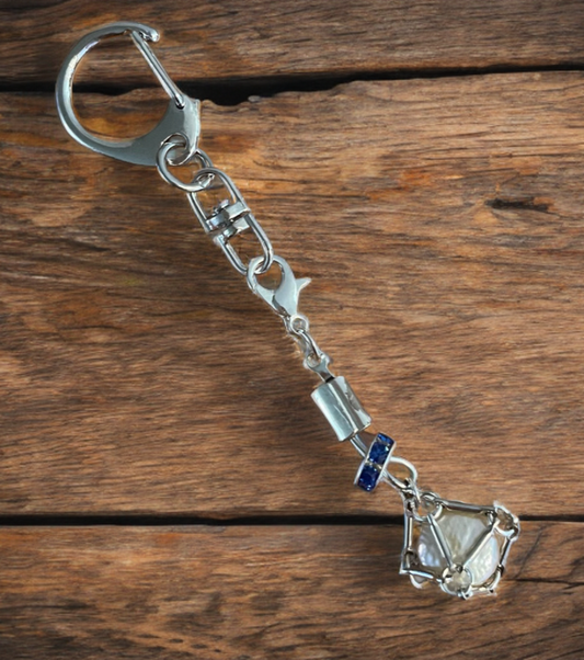 Petite Baroque Button Pearl Keychain – Handcrafted Silver-Toned Cage with Midnight Blue Crystal Accent