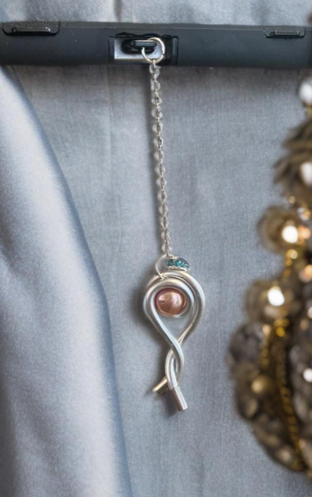 Handcrafted Edison Pearl USB-C Charm – Wire Wrapped with Blue Crystal Accent (This Pearl has an unique nacre, the top layer of the pearl)