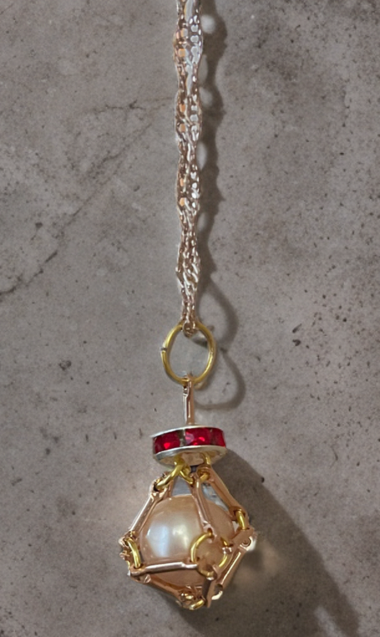 Edison Pearl Necklace in Handmade Brass Cage with Ruby Crystal Accents