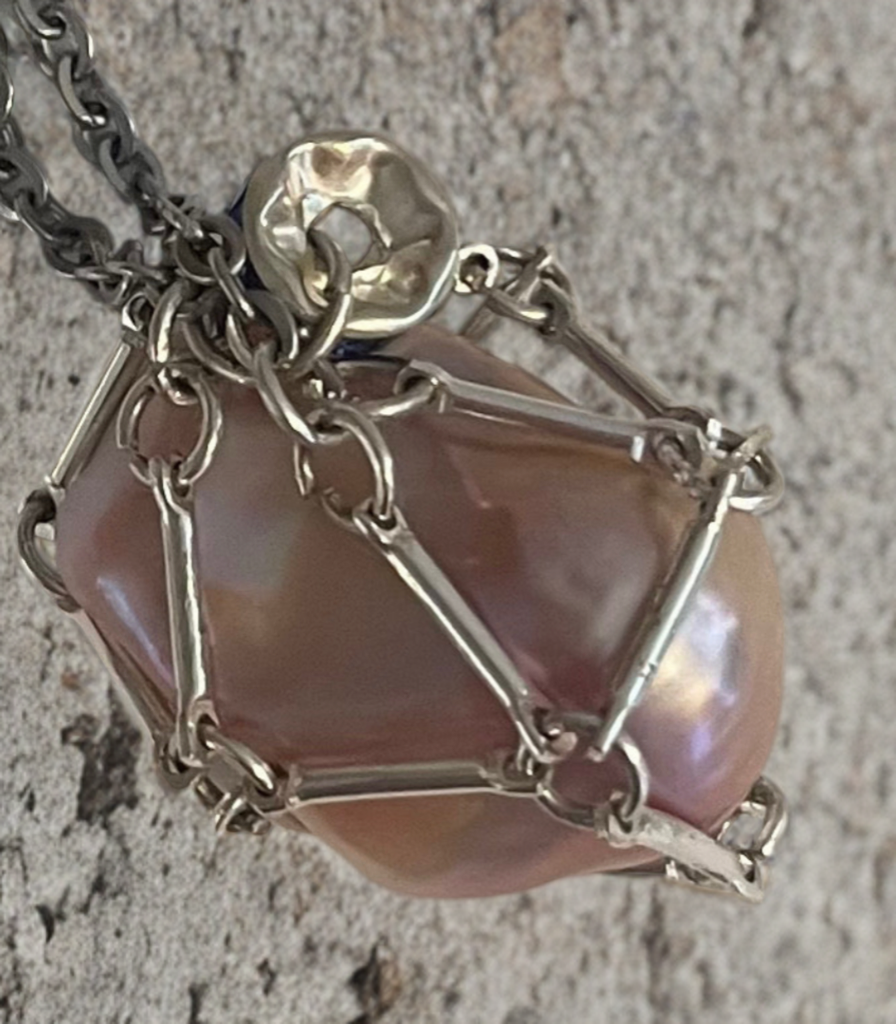 ✨ Baroque Pearl Cage Necklace with Sapphire-Blue Accents ✨
