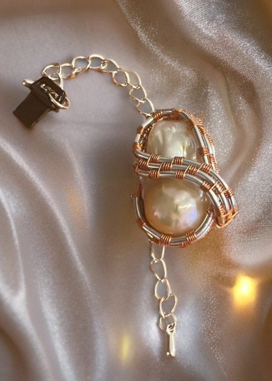 Baroque Pearl Lightning Port Charm – Handcrafted Gold & Silver Wire Wrap