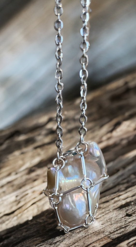 Baroque Pearl Necklace encased in handcrafted silver bar link cage - One-Of-A-Kind