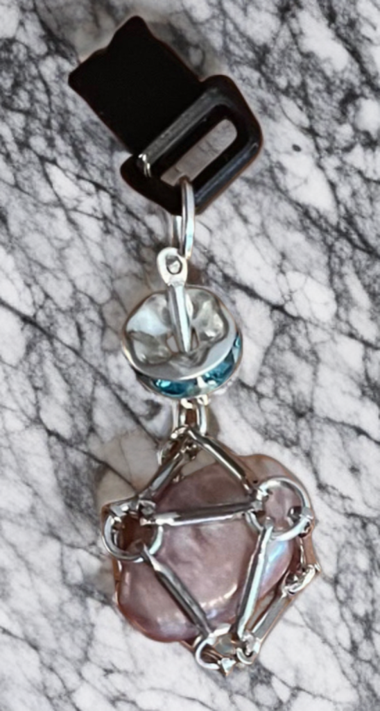 Petite Baroque Button Pearl Lightning Port Charm – Handcrafted Silver-Tone Cage with Blue Crystal Accent