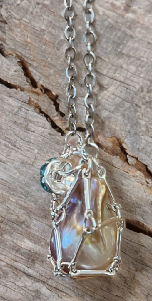 Baroque Pearl Necklace encased in handcrafted silver bar link cage - One-Of-A-Kind