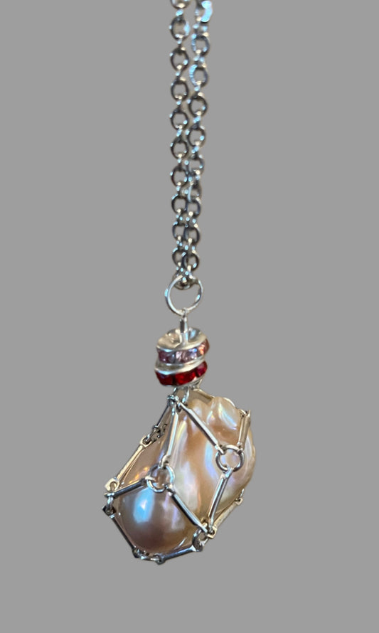 Baroque Pearl Pendant Necklace in Handmade Bar Link Cage