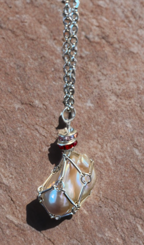 Baroque Pearl Pendant Necklace in Handmade Bar Link Cage
