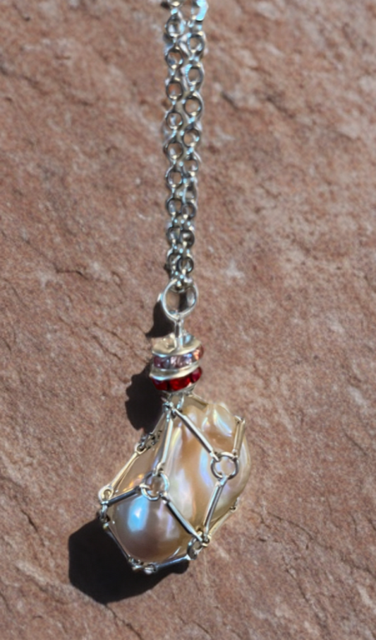 Baroque Pearl Pendant Necklace in Handmade Bar Link Cage