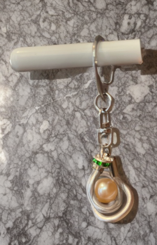 Handcrafted Edison Pearl Keychain with Emerald Crystal Accents