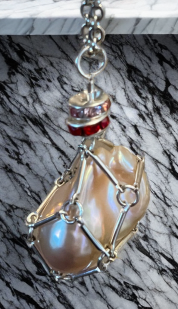 Baroque Pearl Pendant Necklace in Handmade Bar Link Cage
