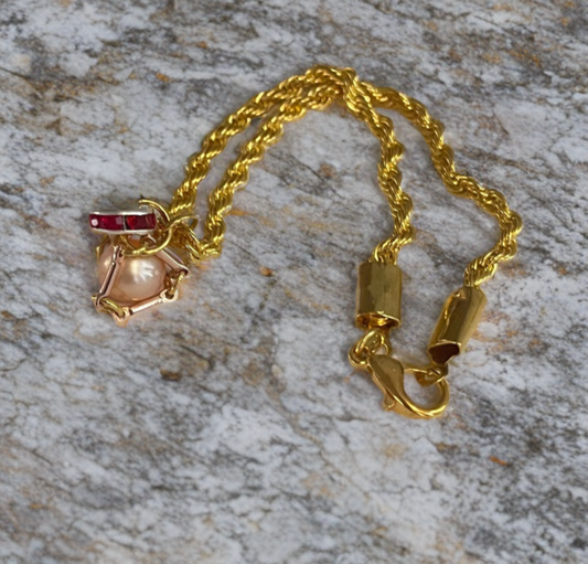 Edison Pearl & Ruby Accent Bracelet – 18K Gold Rope Chain (7”)