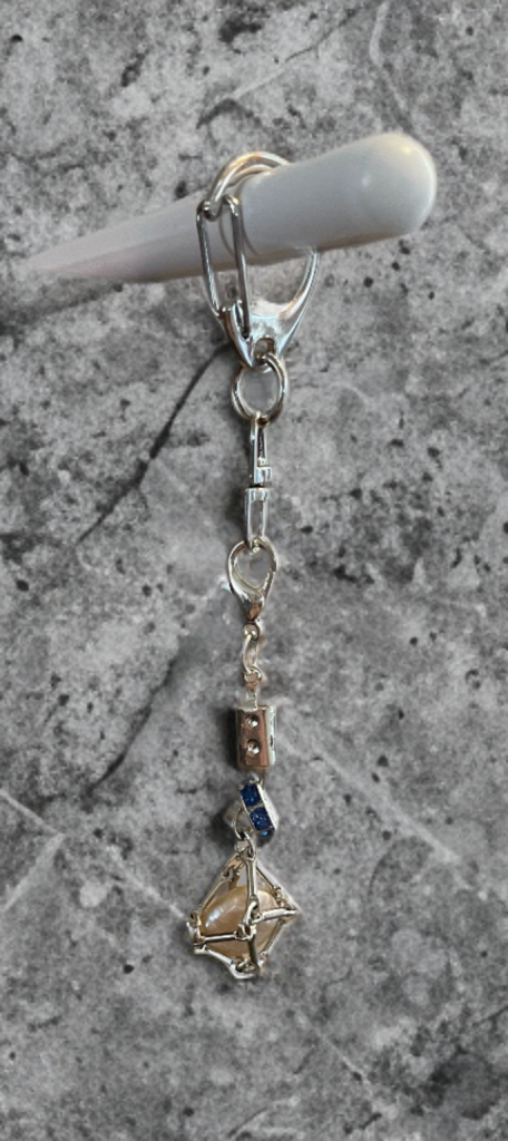 Petite Baroque Button Pearl Keychain – Handcrafted Silver-Toned Cage with Midnight Blue Crystal Accent