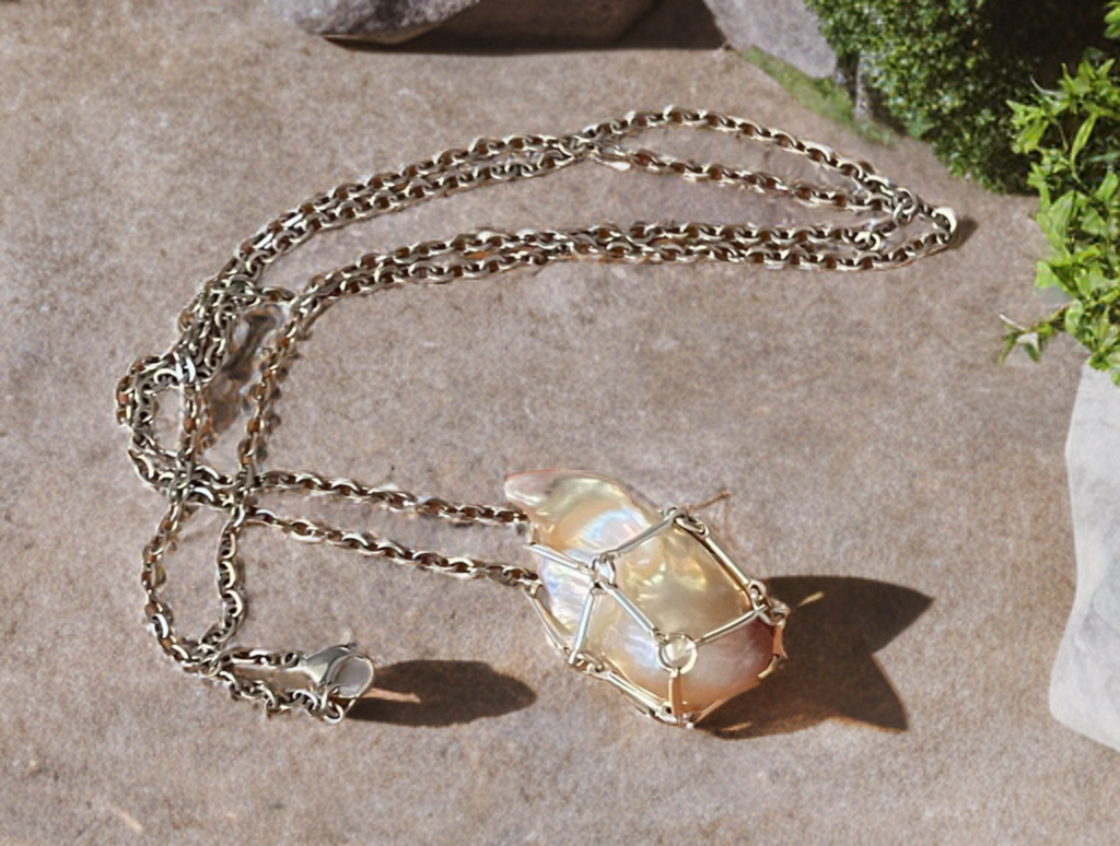 Baroque Pearl Necklace encased in handcrafted silver bar link cage - One-Of-A-Kind
