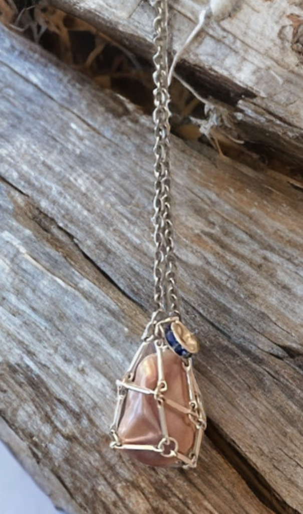 ✨ Baroque Pearl Cage Necklace with Sapphire-Blue Accents ✨