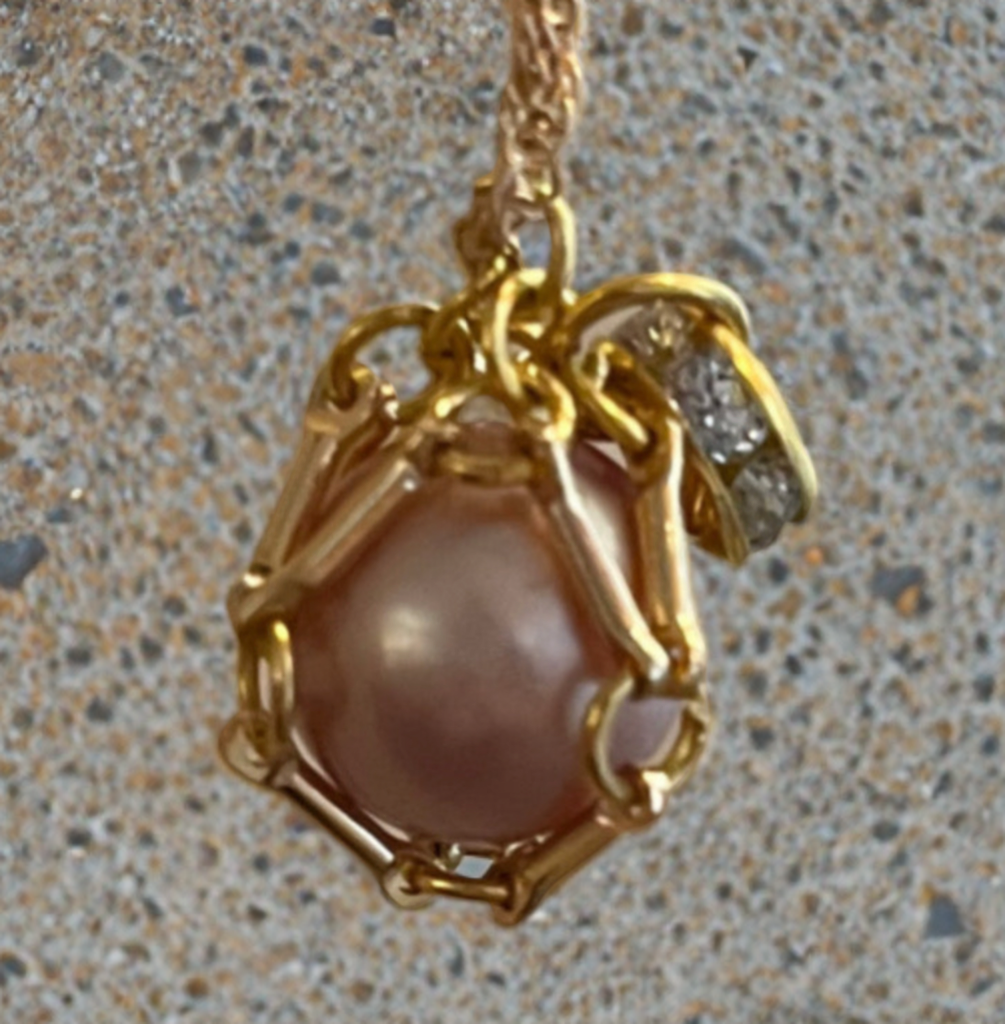 Large Edison Pearl Necklace in Handcrafted Gold Toned Cage with Crystal Accent