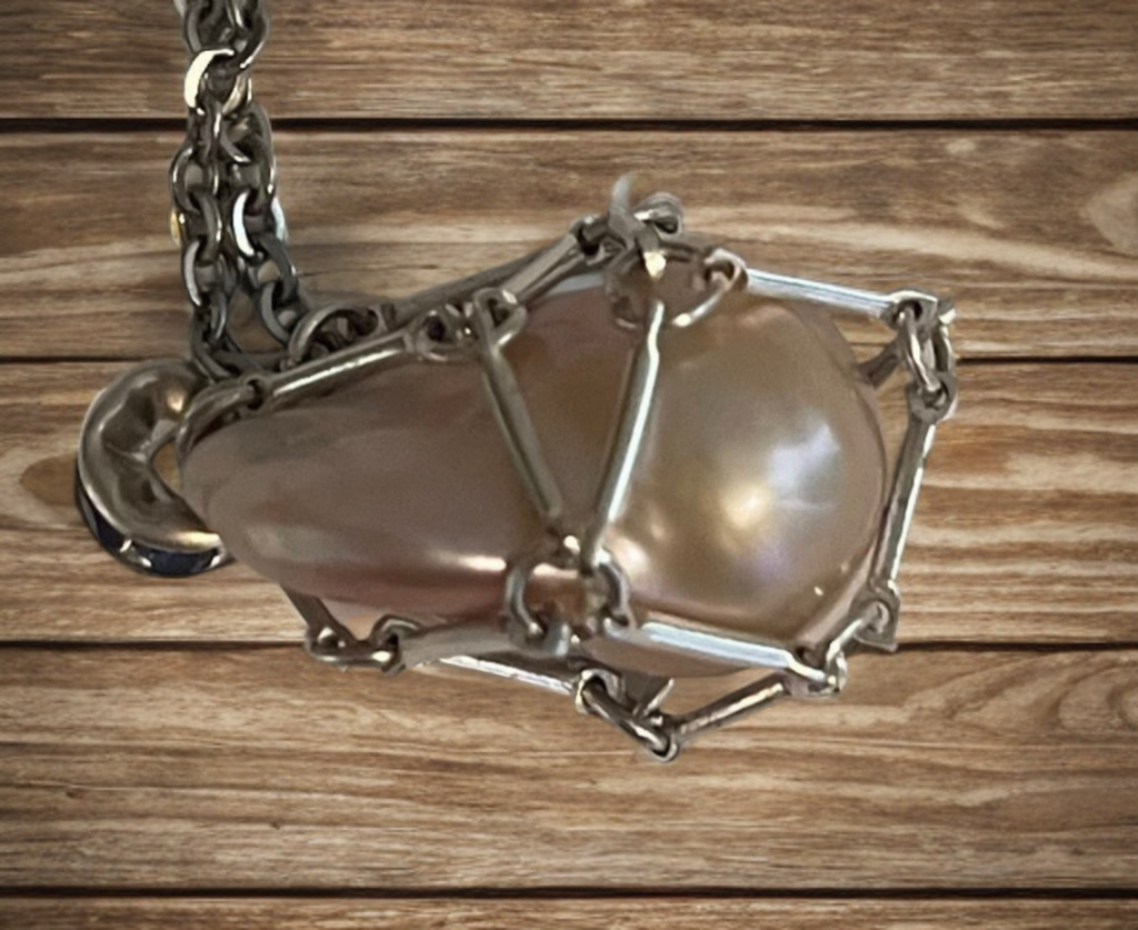✨ Baroque Pearl Cage Necklace with Sapphire-Blue Accents ✨