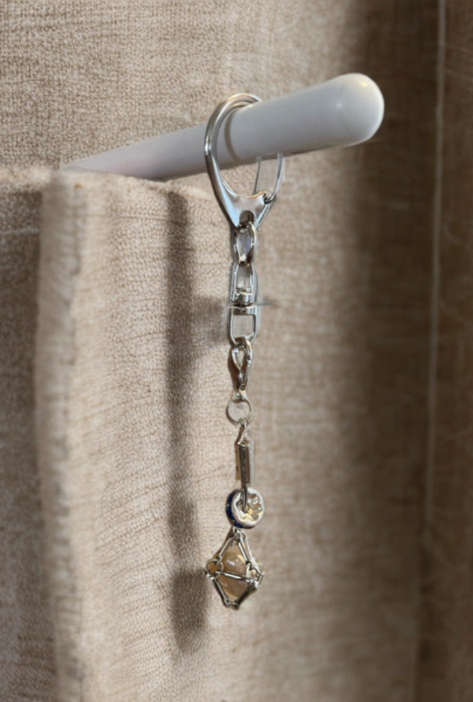 Petite Baroque Button Pearl Keychain – Handcrafted Silver-Toned Cage with Midnight Blue Crystal Accent