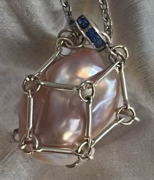 ✨ Baroque Pearl Cage Necklace with Sapphire-Blue Accents ✨
