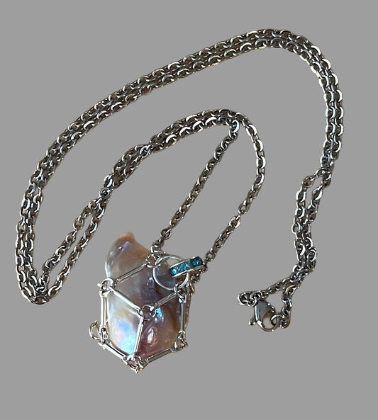 Baroque Pearl Necklace encased in handcrafted silver bar link cage - One-Of-A-Kind
