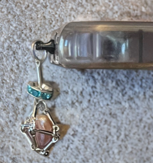 Petite Baroque Button Pearl Lightning Port Charm – Handcrafted Silver-Tone Cage with Blue Crystal Accent