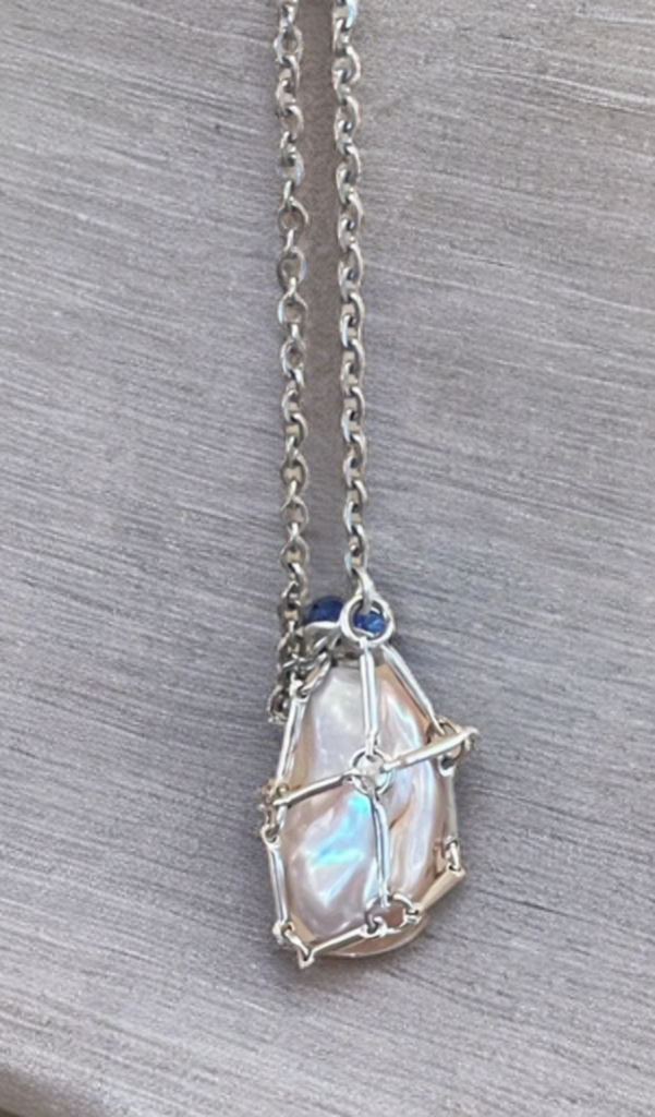 ✨ Baroque Pearl Cage Necklace with Sapphire-Blue Accents ✨