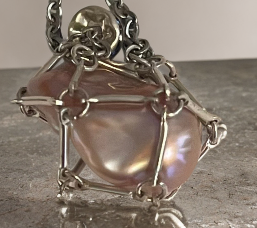 ✨ Baroque Pearl Cage Necklace with Sapphire-Blue Accents ✨