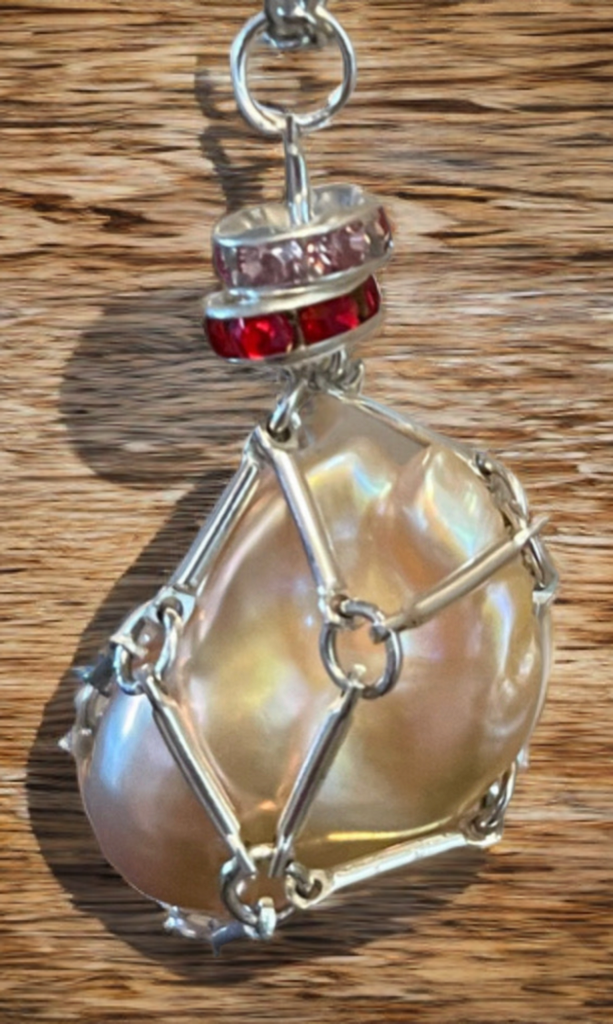 Baroque Pearl Pendant Necklace in Handmade Bar Link Cage