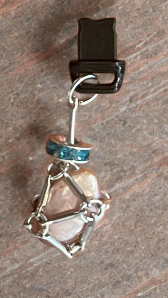 Petite Baroque Button Pearl Lightning Port Charm – Handcrafted Silver-Tone Cage with Blue Crystal Accent