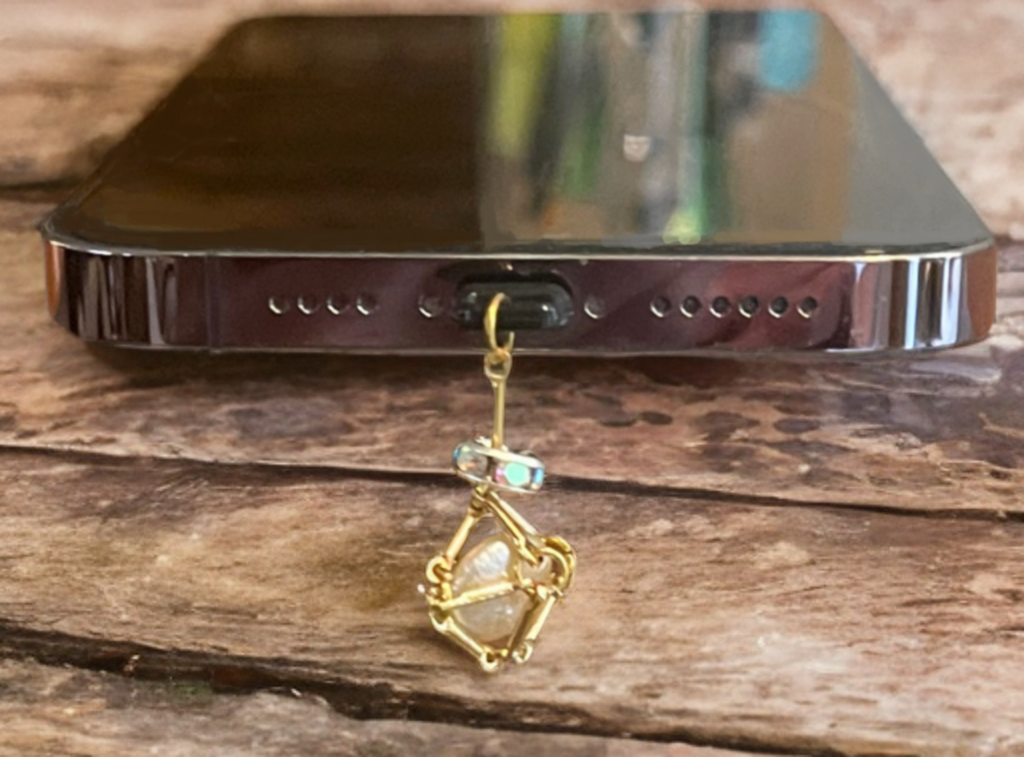 Petite Baroque Pearl USB Lightning Port Charm – Gold-Tone Cage with Crystal Accents