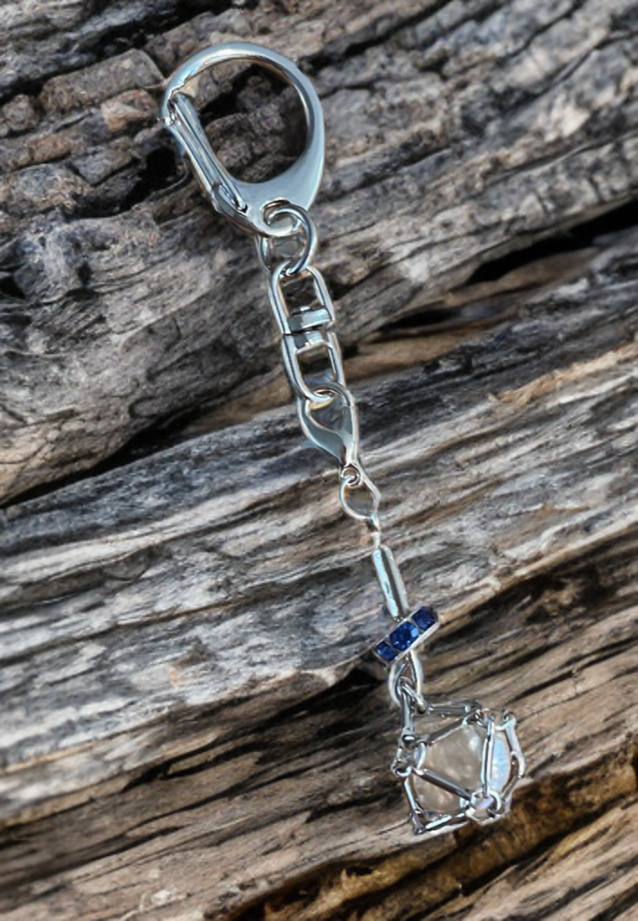 Petite Baroque Button Pearl Keychain – Handcrafted Silver-Toned Cage with Midnight Blue Crystal Accent