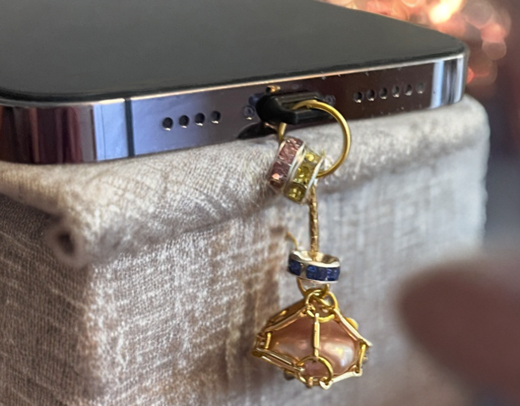 Baroque Pearl USB Lightning Port Charm – Gold Toned Cage with Multicolor Crystals