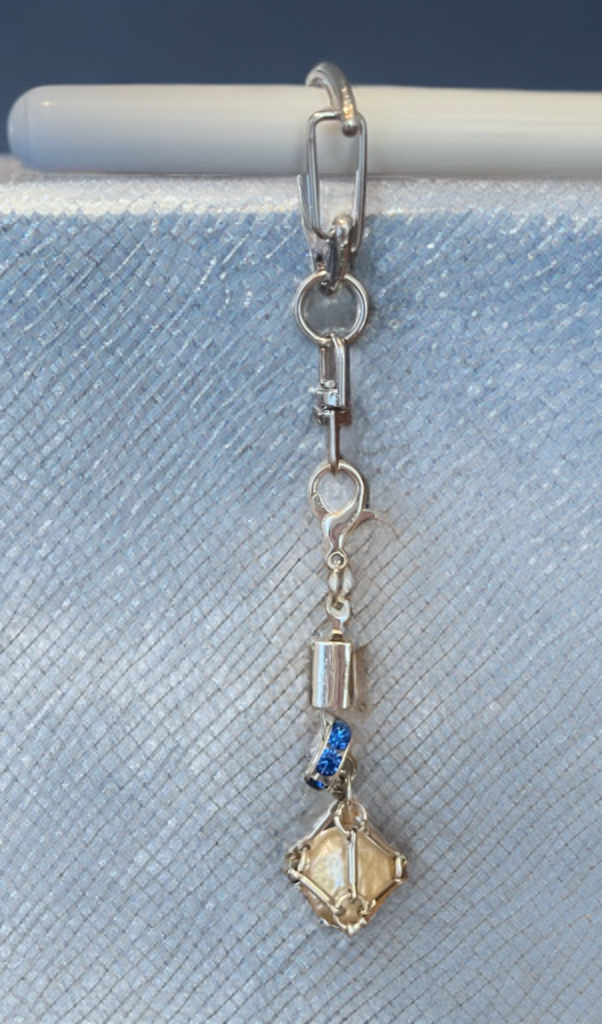 Petite Baroque Button Pearl Keychain – Handcrafted Silver-Toned Cage with Midnight Blue Crystal Accent
